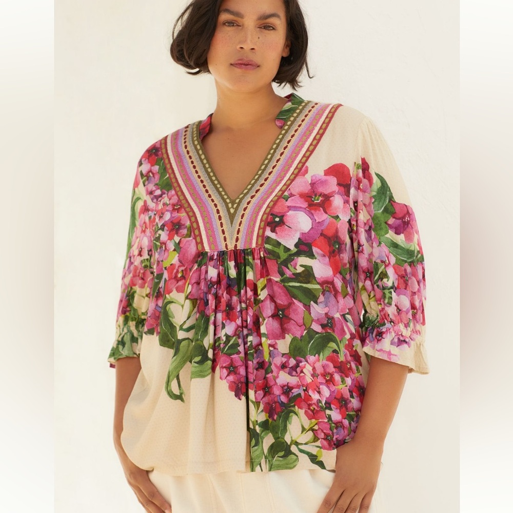 Anthropologie Floral V-Neck Top - Pink and Green